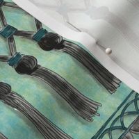 Tassel Love-Black and Teal on teal washed background (large scale)