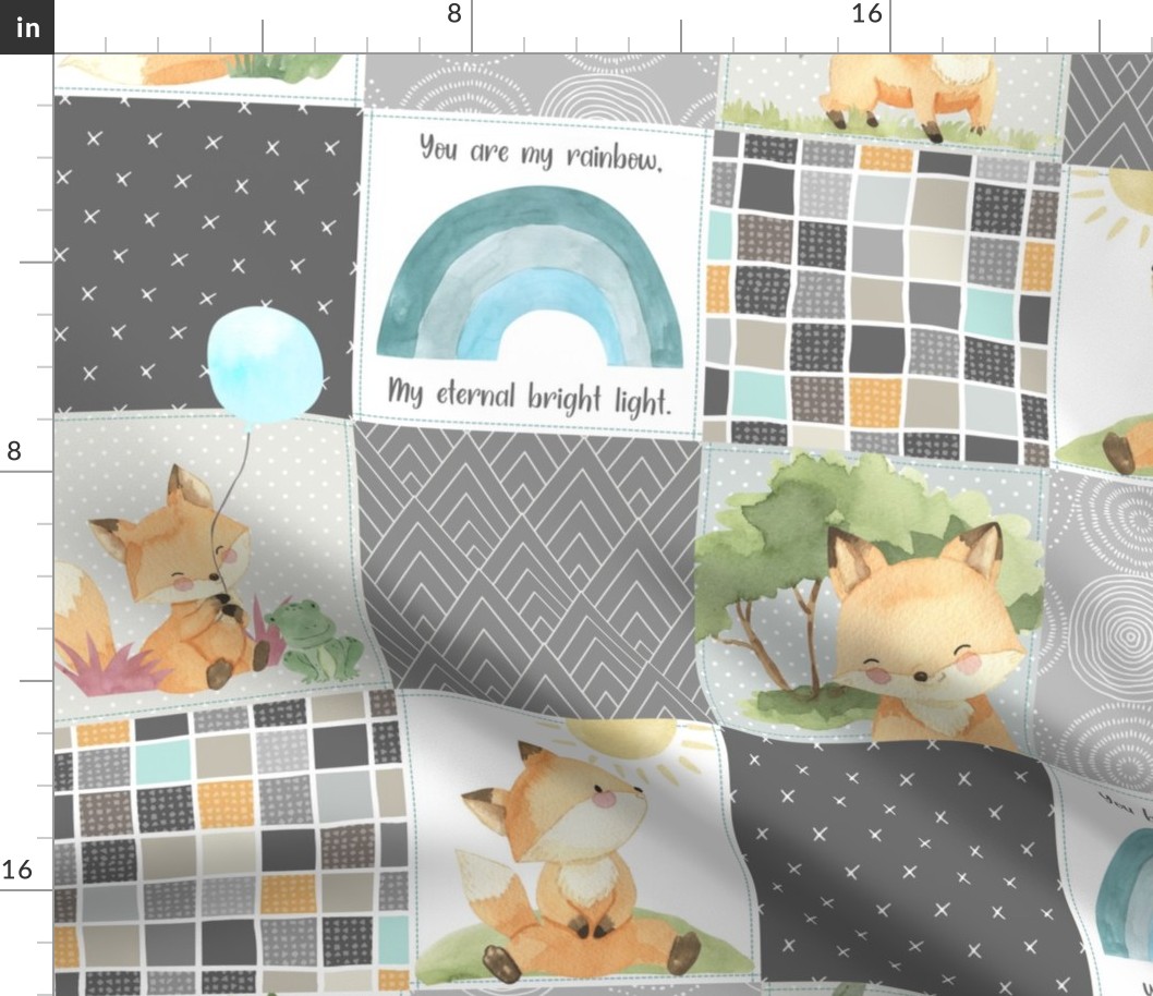 Freddie Fox Quilt Blanket – Baby Fox + Rainbows Patchwork Nursery Fabric, Bedding Cheater Quilt C