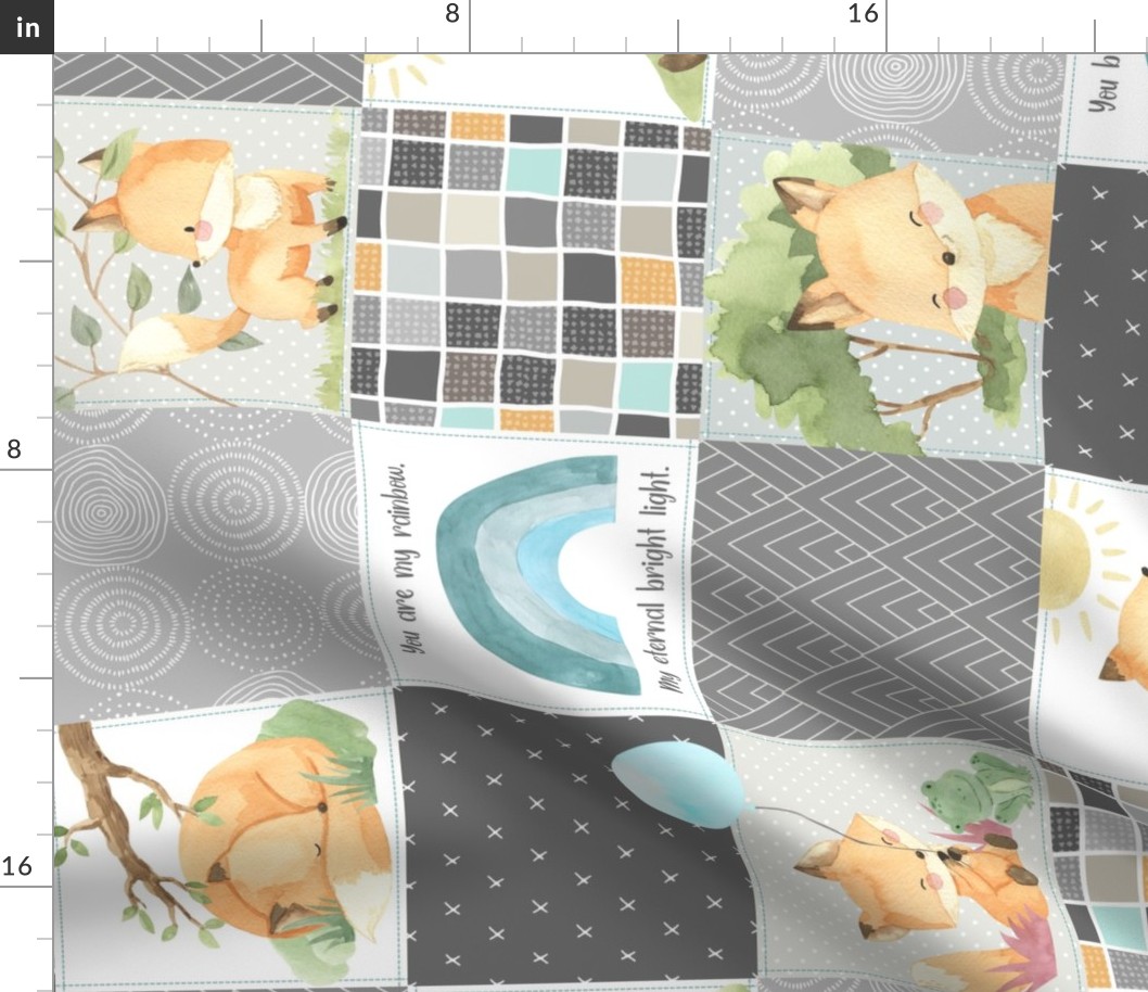 Freddie Fox Quilt Blanket – Baby Fox + Rainbows Patchwork Nursery Fabric, Bedding Cheater Quilt C, ROTATED