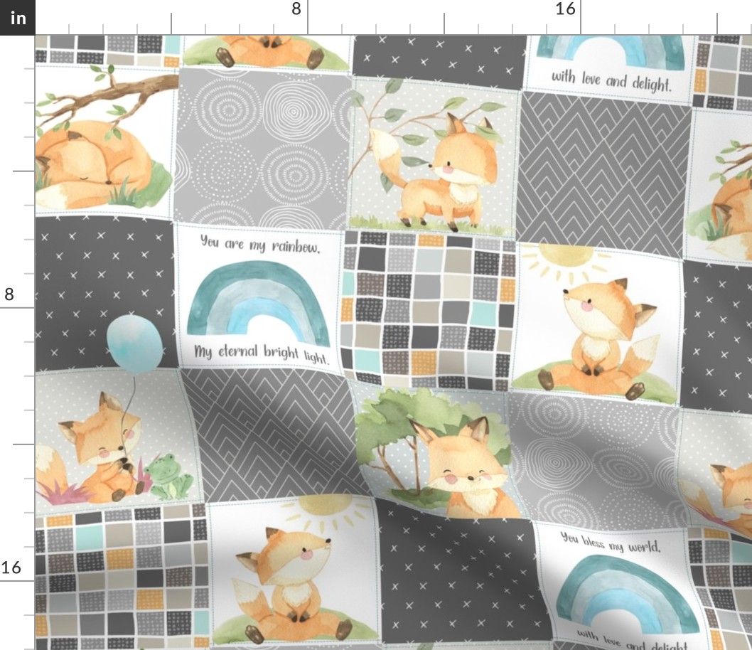 4 1/2" Freddie Fox Quilt Blanket – Baby Fox + Rainbows Patchwork Nursery Fabric, Bedding Cheater Quilt C