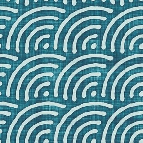 Batik Block Print Rainbow Wave or Scales in Teal Lagoon and Sea Glass (Large Scale)