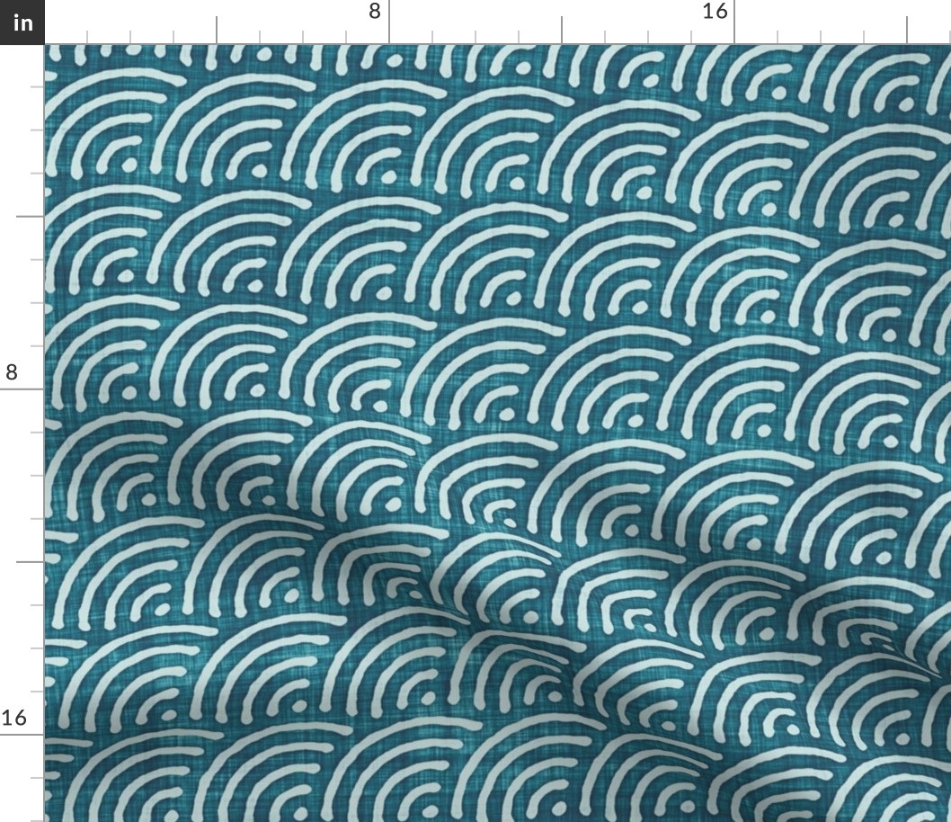 Batik Block Print Rainbow Wave or Scales in Teal Lagoon and Sea Glass (Large Scale)