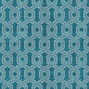Retro 70s Hexagon Chain Link Stripes Batik Block Print in Teal Lagoon and Sea Glass (Medium Scale)