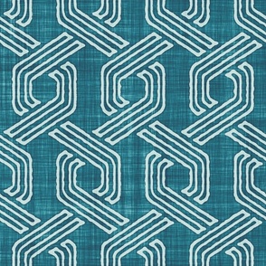 Retro 70s Hexagon Chain Link Stripes Batik Block Print in Teal Lagoon and Sea Glass (Large Scale)