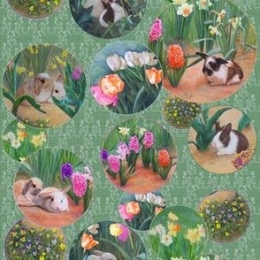 6x6-Inch Repeat of Bunnies and Flowers, Circles on Woodland Green