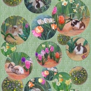 6x6-Inch Repeat of Bunnies and Flowers, Circles on Light Green
