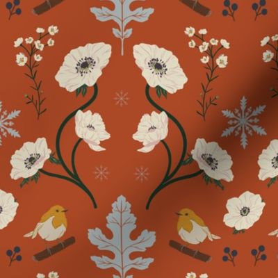 Apricity, Anemones with Blossoms, Robins, Berries, and Snowflakes ~ Red ~ Vintage, Cottagecore ~ Medium