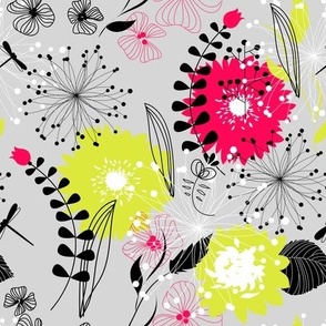 Mid Mod Mix and Match Coordinate - Dragonflies and Abstract Floral in Chartreuse, Fuchsia, and Black on Light Grey