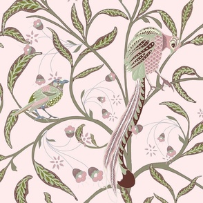 Chinoiserie Birds in Eucalypt tree, leaves, flowers, Pink, Sage Green, large