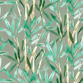 Watercolor Bamboo, Bamboo on Gray Green, Large Size, Bamboo Fabric, Bamboo Wallpaper, Tiki