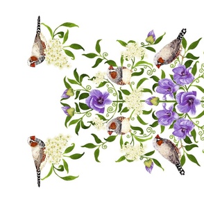 Flowers Birds Damask classic handpainted in watercolor on white