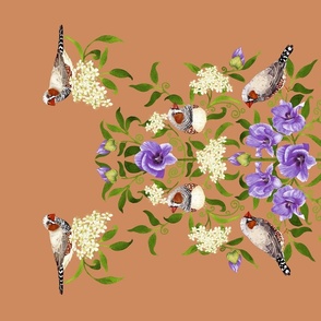 Flowers Birds Damask classic handpainted in watercolor on ochre