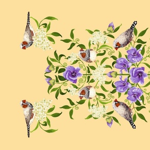 Zebra Finches and Australian desert roses damask on Yellow 