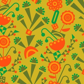 Sunny Day Geometric Midmod Retro Floral with Desert Cactus in Coral Orange Kelly Green on Golden Yellow - LARGE Scale - UnBlink Studio by Jackie Tahara