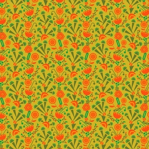 Sunny Day Geometric Midmod Retro Floral with Desert Cactus in Coral Orange Kelly Green on Golden Yellow - SMALL Scale - UnBlink Studio by Jackie Tahara