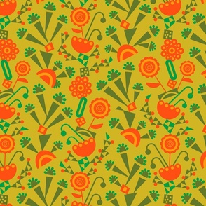 Sunny Day Geometric Midmod Retro Floral with Desert Cactus in Coral Orange Kelly Green on Golden Yellow -MEDIUM Scale - UnBlink Studio by Jackie Tahara