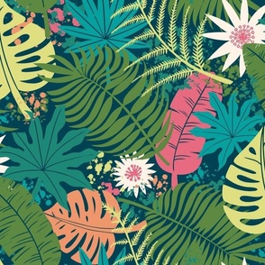 Maximalist modern Hawaiian botanical print with tropical leaves and floral on green