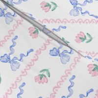Grandmillennial watercolor flowers bows and scalloped stripes