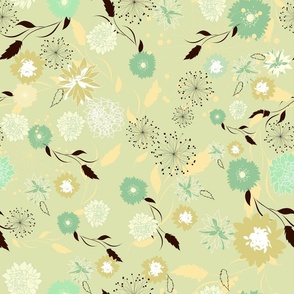 Mid Mod Mix and Match Coordinate - Large Floral in Sage, Yellow, and Brown on Light Green