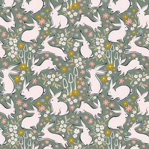 (S) Whimsical playful  Spring Bunnies in the garden - green