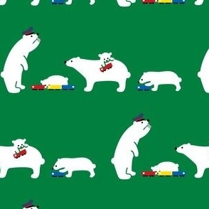 A polar bear playing with a train toy/line