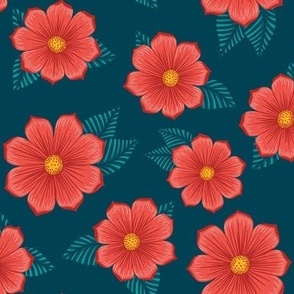 Bright red hibiscus or poppies on navy blue - bold floral print - 8x8