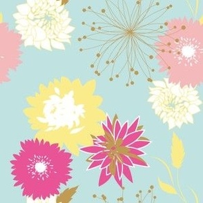 Mid Mod Mix and Match Coordinate - Flowers and Spikes in Yellow and Pink on Mint