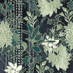 Heritage Revival - Hand Painted Vintage Floral Stripe 3 - Sage - Maximalist