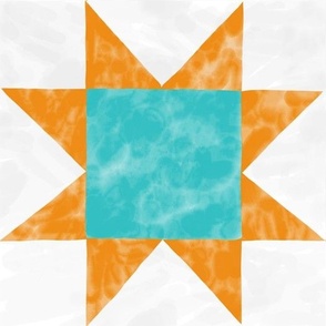 Cabincore Orange and Teal Watercolor Quilt Star Blocks Large Scale 