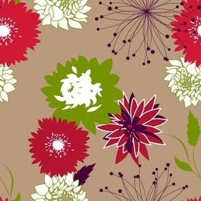 Mid Mod Mix and Match Coordinate - Flowers and Spikes in  Green, Pink, and Purple on Light Brown
