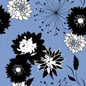 Mid Mod Mix and Match Coordinate - Flowers and Spikes in Black and White on Wedgewood Blue