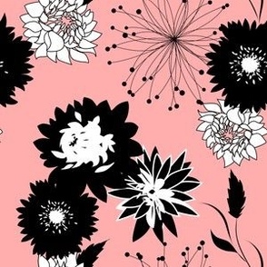 Mid Mod Mix and Match Coordinate - Flowers and Spikes in Black and White on Pink