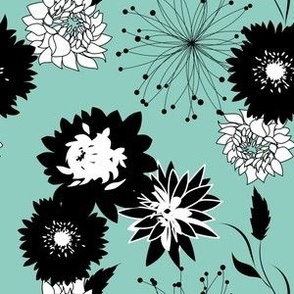 Mid Mod Mix and Match Coordinate - Flowers and Spikes in Black and White on Turquoise