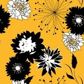 Mid Mod Mix and Match Coordinate - Flowers and Spikes in Black and White on Marigold Yellow