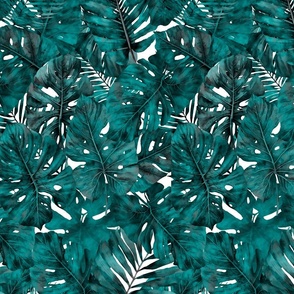 Monstera And Palm Pattern Teal Emerald Green Smaller Scale