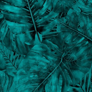 Monstera And Palm Pattern Turquoise Teal Dark