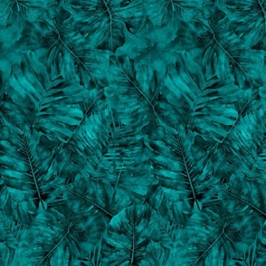 Monstera And Palm Pattern Turquoise Teal Dark Smaller Scale