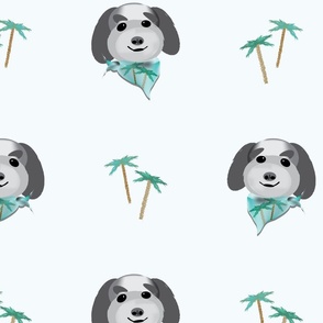 Puppies and Palm Trees Portrait,  Doodle Dogs, LG SCALE, 6300—Vacation, Bandana, Beach, Ocean, Dog, Golden Doodle, Doodle, Pet, Baby Boy, Baby Girl, Tropical, Juvenile, Cute, Cuter, Cutest Kids Sheets, Birthday Party Table Linens