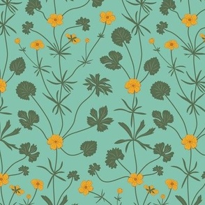 Small Summery Yellow Buttercup Fields with Aquamarine Green Background