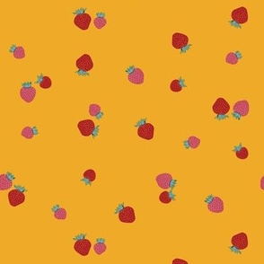 Medium Scattered Summer Fruit Strawberries with Rich Yellow Background