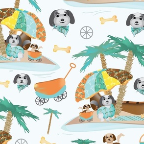 Paradise Island Puppies,  Doodle Dogs,  LG SCALE, 6300, v08—Dog, Palm Trees, Puppy, Wagon, Baby Boy, Baby Girl, Doodle, Golden Doodle, Nautical, Ocean, Beach, Umbrella, Pets On Vacation Doodle, Cute, Cuter, Cutest Kids Sheets