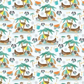 Paradise Island Puppies, SM SCALE, 2100, v08—Dog, Palm Trees, Puppy, Wagon, Baby Boy, Baby Girl, Doodle, Golden Doodle, Ocean, Beach, Umbrella, Pets On Vacation Doodle, Cute, Cuter, Cutest Kids Sheets _v08, 2100, SMALL