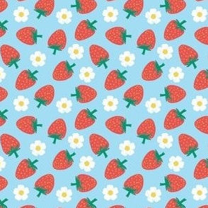 Strawberries with strawberry flowers on light blue, strawberry fabric small scale