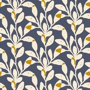 Foliage Overlay - Cream and Yellow on Dark Denim Blue  | Botanical Jungle Leaves With Texture