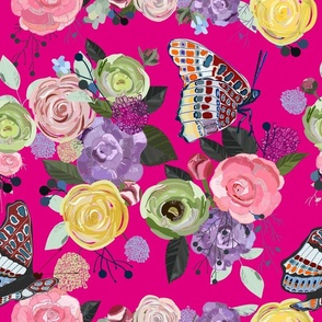 Colorful Spring Summer Time Roses, Peony and Butterflies Pattern