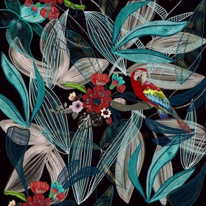 Tropical summer pattern with parrot black background