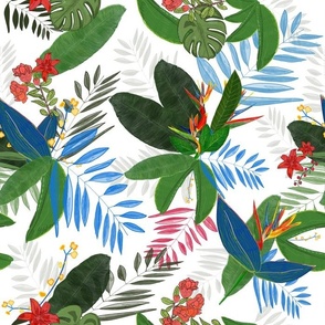 Tropical leaves pomegranate heaven bird flowers pattern