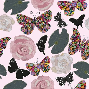 Colorful Made of Flowers Butterfly  Peony and Leaves Pattern