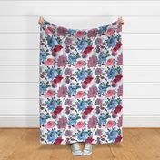 Blue and pink roses cosmos flowers vintage style pattern