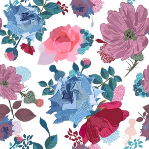 Blue and pink roses cosmos flowers vintage style pattern
